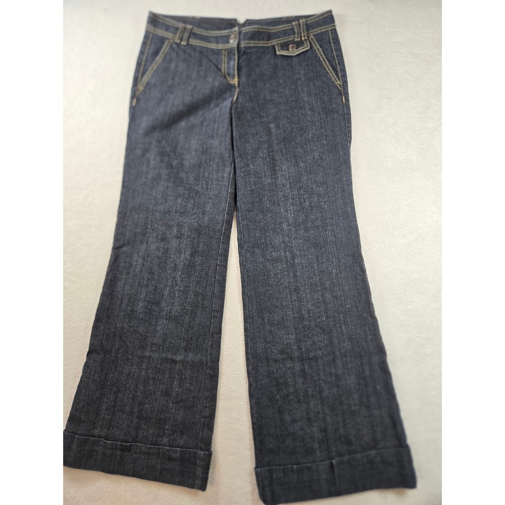 Ann Taylor Loft Dark Wash Wide Leg Cuffed Trouser Jeans Size 8 Contrast Stitch